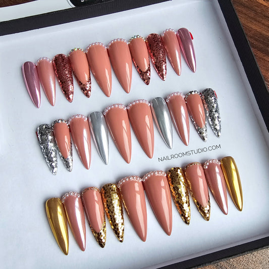 Ready To Ship: Size M - Long Slim Sculpted Stiletto - Shimmering Glit Collection