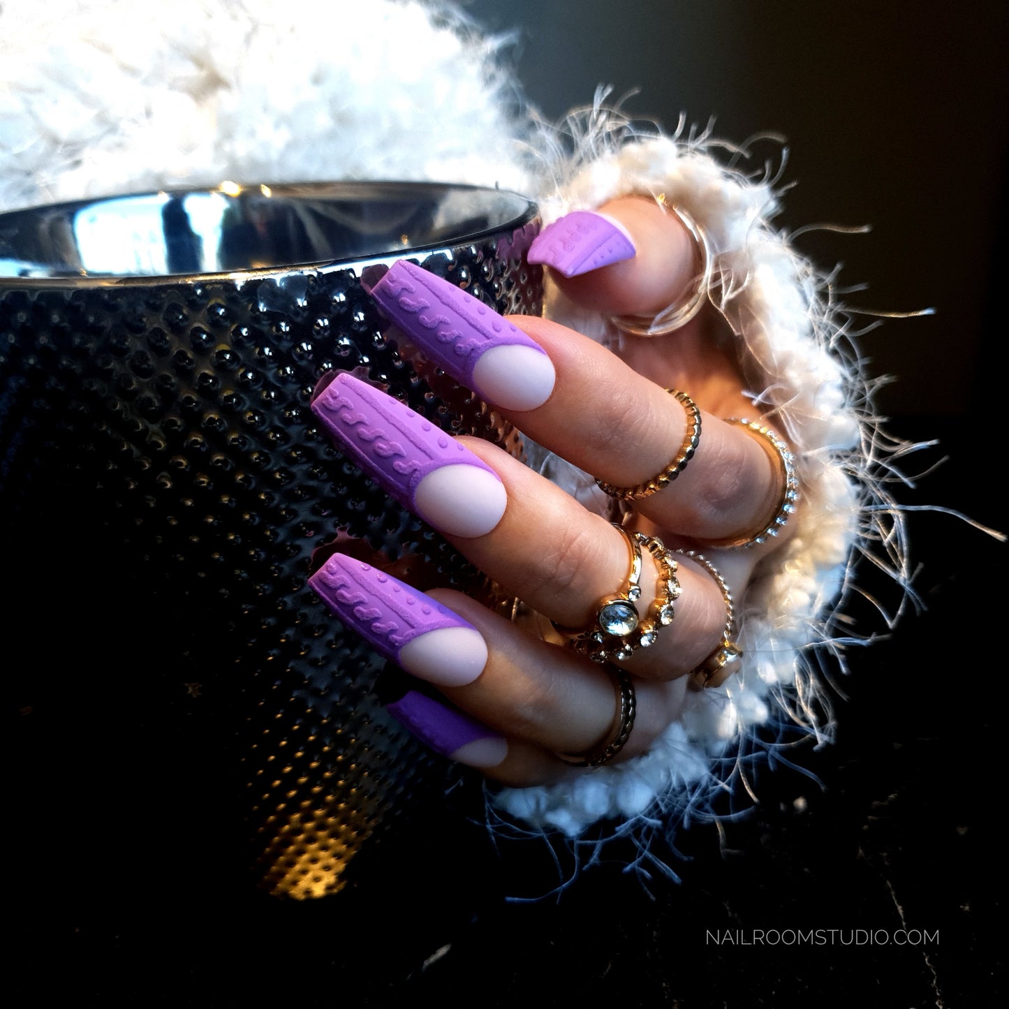 Nail Room Studio cozy lilac purple french tips sweater weather nails, perfect for a stylish winter look, available as press-on nails for hands and feet in coordinated sets