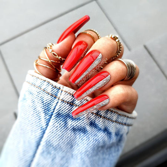 Nail Room Studio red nails with silver chrome accents, ideal for a bold and chic look, customizable matching manicure and pedicure sets for both hands and feet