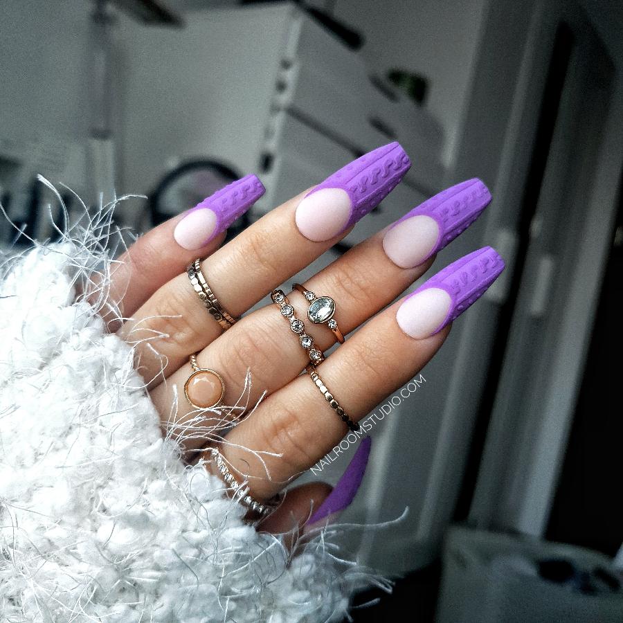 Sweater weather custom false nails online, press on with glue and preparation kit, easy to apply acrylic fake tips, long coffin matte press ons from Nail Room Studio, 3D purple french pop on nails