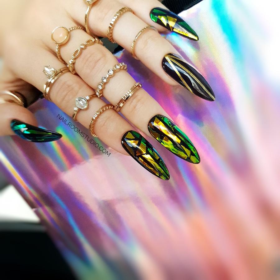 Broken glass gold and green opal press on nails by Nail Room Studio