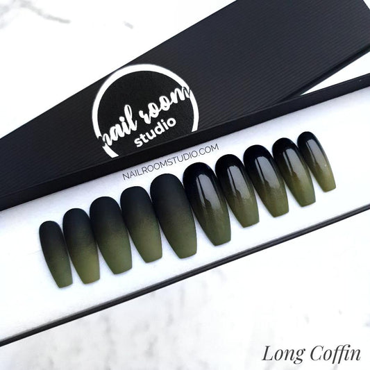 Stylish long coffin nails with matte and glossy black and green ombre for a unique military look by Nail Room Studio