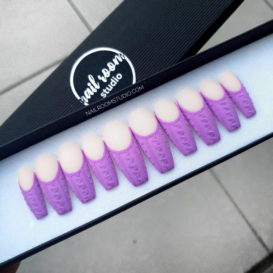 Nail Room Studio soft purple violet french sweater nails with elegant tips, designed for a sophisticated and trendy style, available as coordinated manicure and pedicure sets with glue