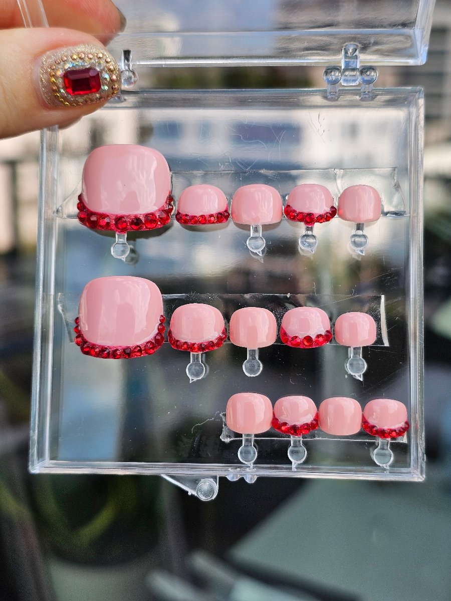 Glittery Press on Nails in multi-chrome, packaged in a transparent box, ready to ship, french style faux nails with red Svarowski crystals