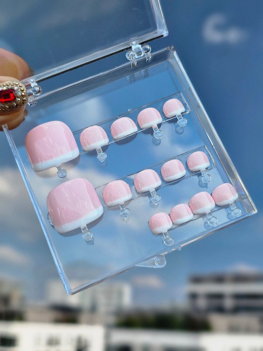 Matching set of baby pink French PressOn nails for toes and hands, customizable in different sizes, ready to ship