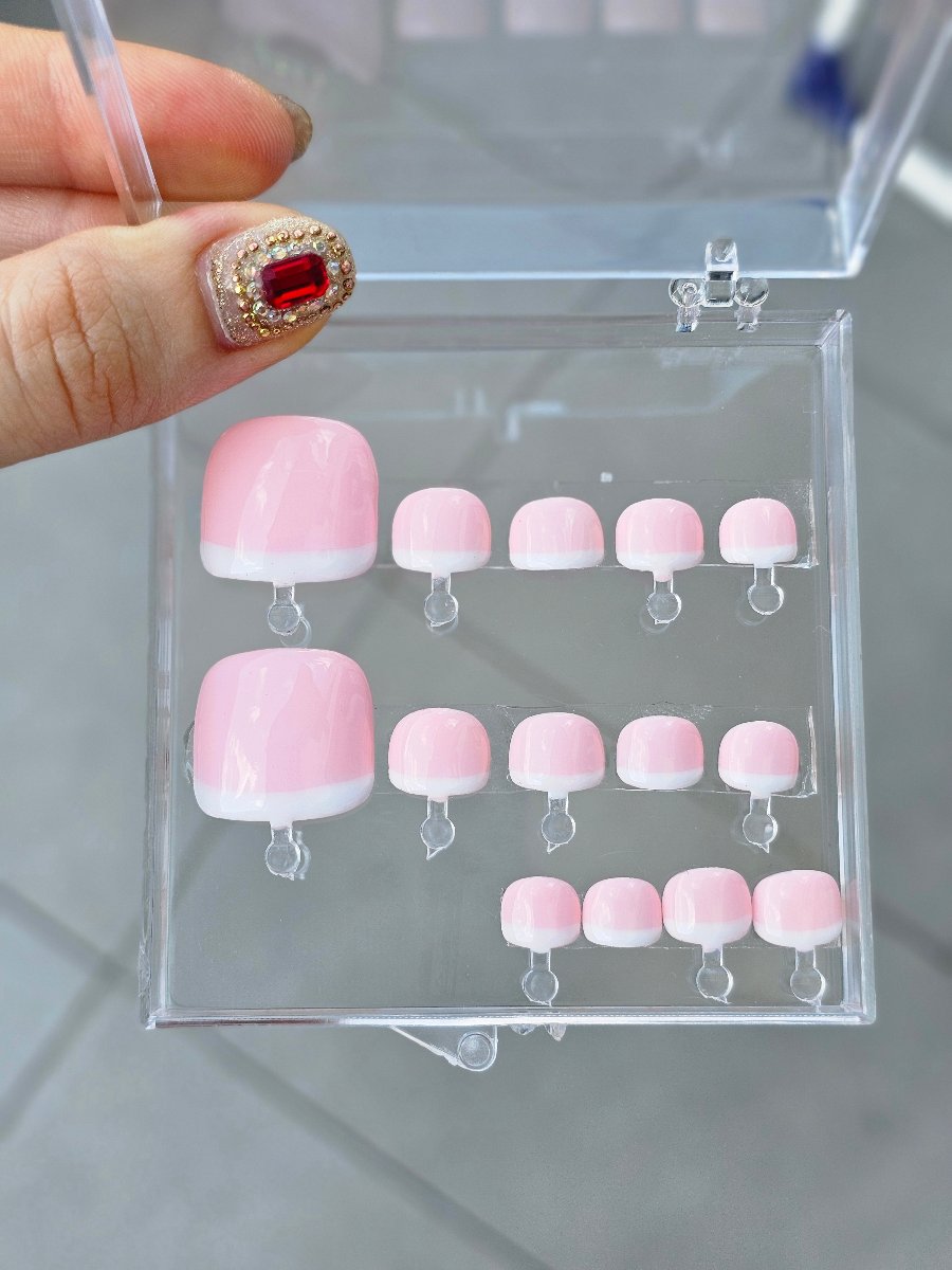 Classic baby pink French-style PressOn nails for toes and hands, a set of 14 in a clear box, ready for shipment