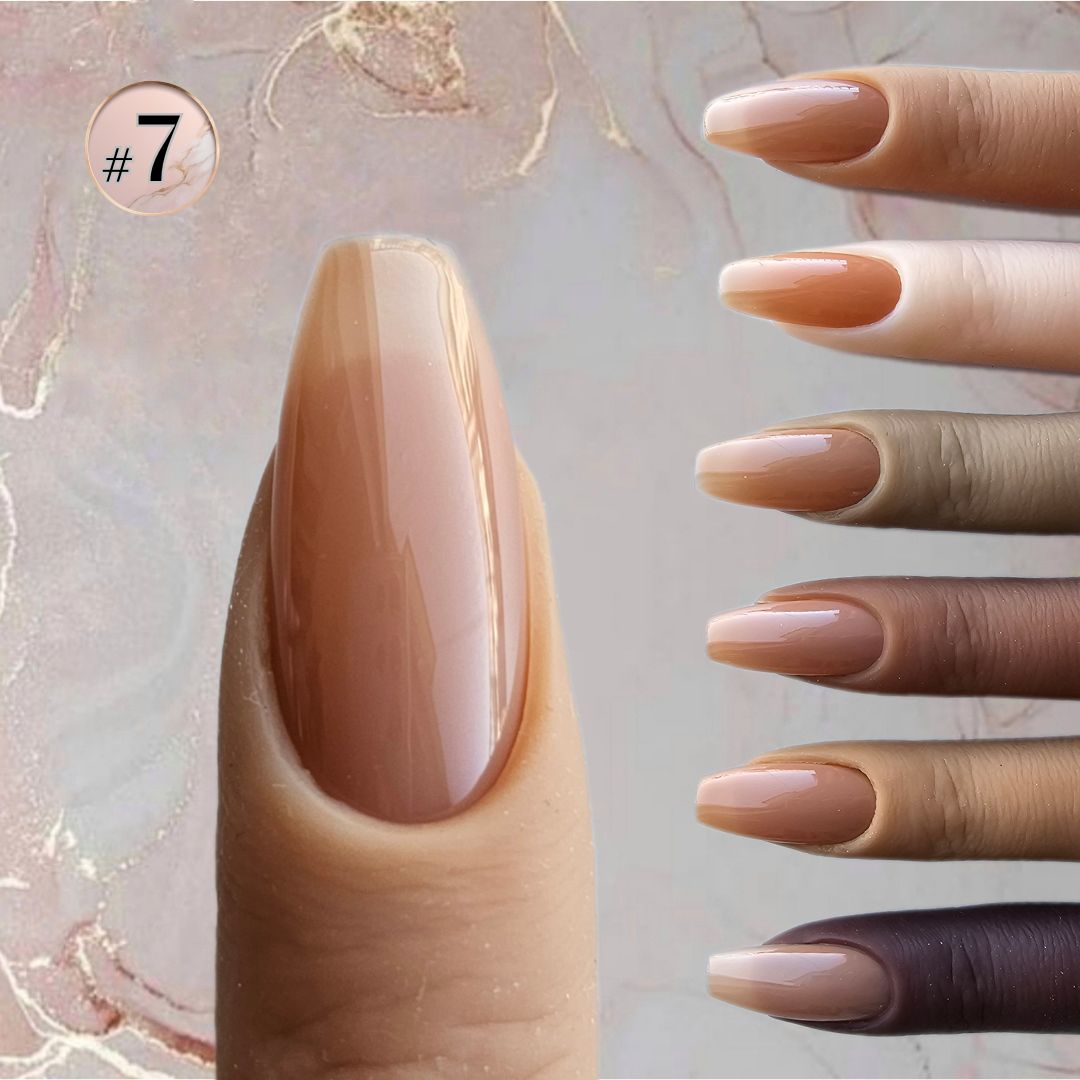 Warm beige nude PressOn nails with a natural, translucent appearance for an elegant French cover presented on hands and multi skin shades to choose