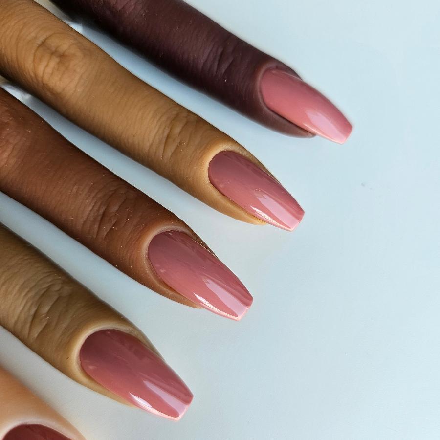 Photo presented all skin tones and shades as a swatch to see how this press on nails pink color matches to skin tones, find your perfect option