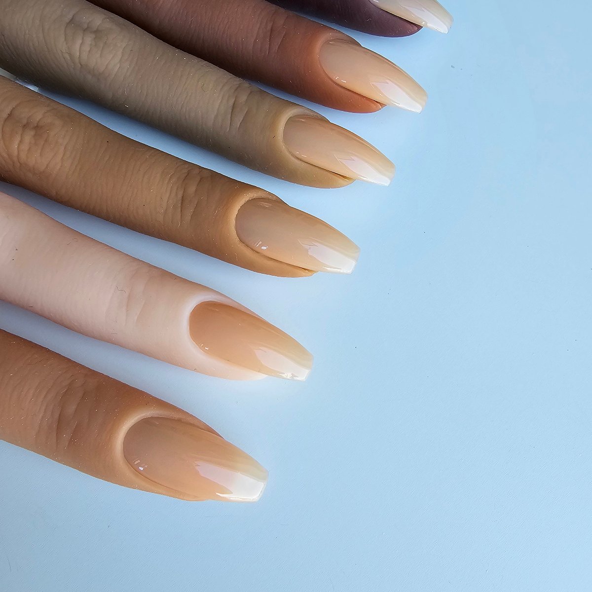 Delicate beige press-on nails in a soft, subtle shade, ideal for an understated yet elegant look, nail color swatches for all skin tones and shades
