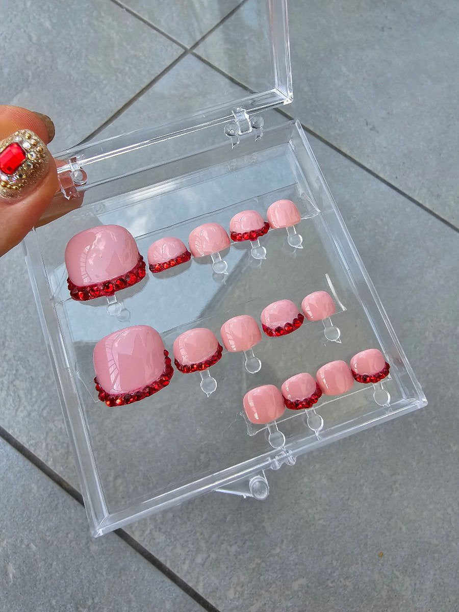 Powder pink nails with Swarovski crystals, perfect for glamorous pedicure, high-quality handmade from Nail Room Studio