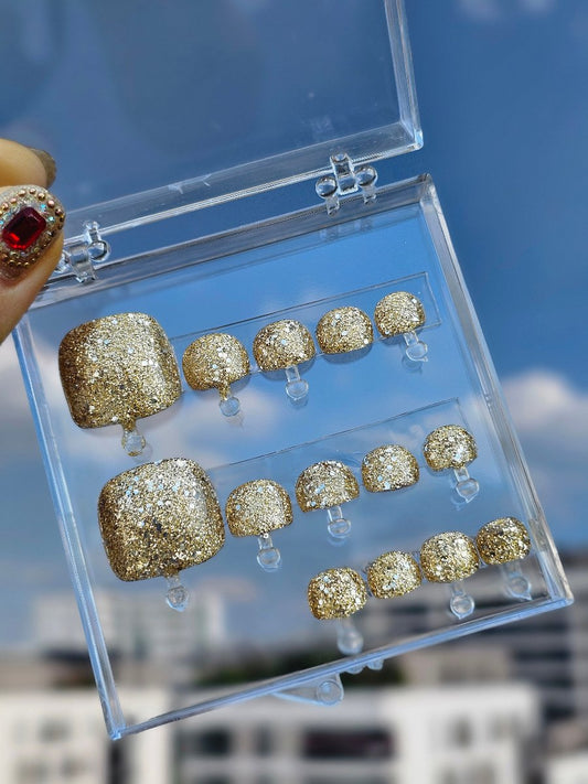 Gold glitter press on nails for toes, set of artificial tips, made to order and ready to ship internationally
