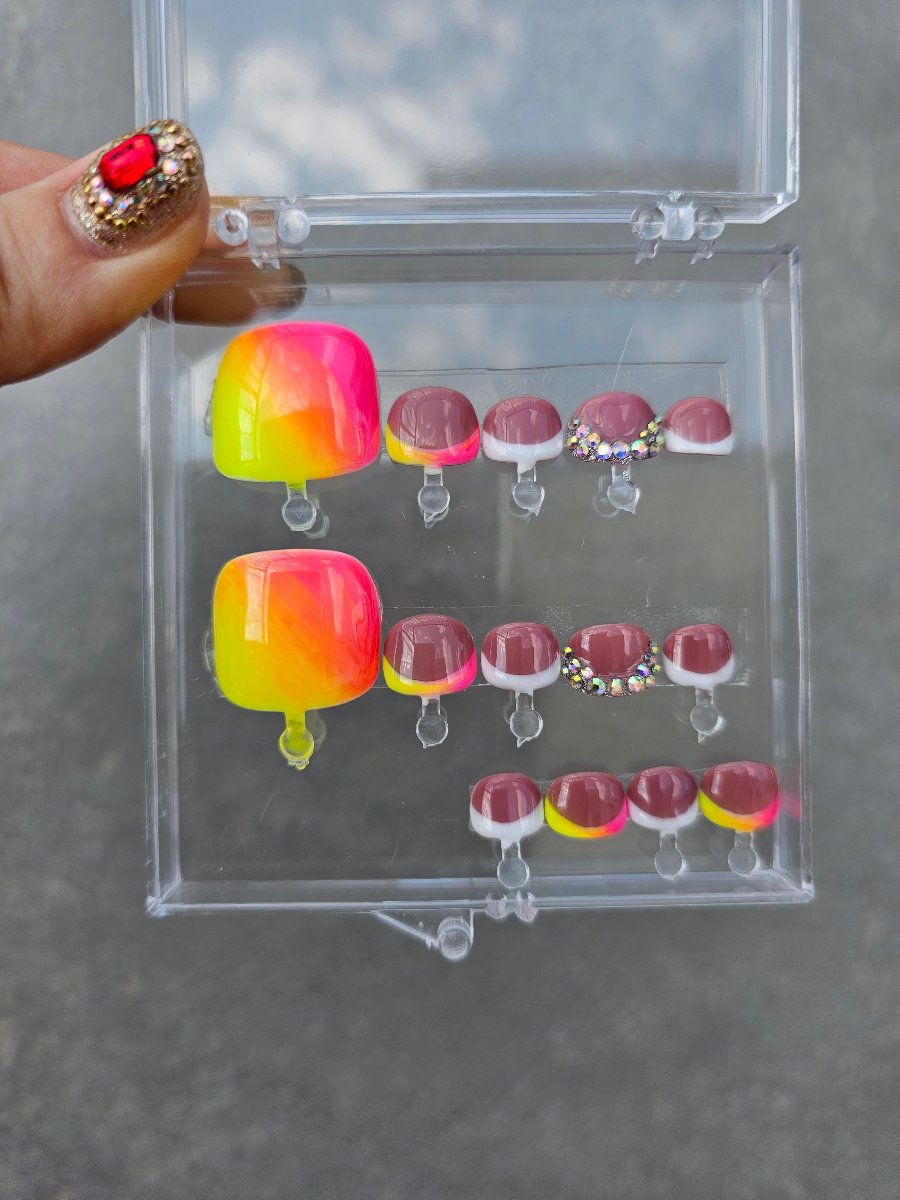 Toes Press on Nails in Rainbow style, large ombre toes in yellow and pink neon with Svarowski opal AB crystals and classic white french style, all nails in square shape