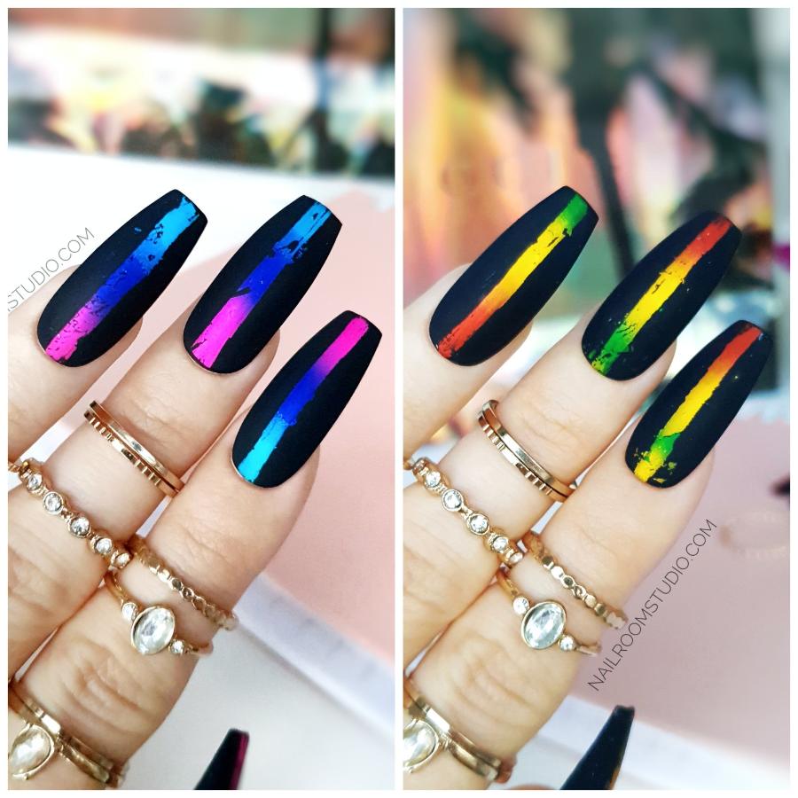 Stylish matte black coffin nails with chrome accents in pink and blue from Nail Room Studio