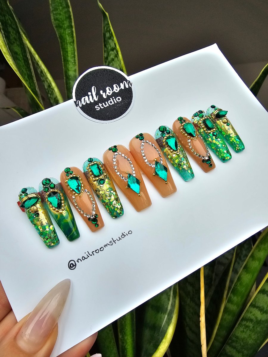 Exquisite green nails with chrome accents, Swarovski crystals, and peach nude shades, perfect for autumn, salon-quality press-on nails for hands and feet hand crafted by Nail Room Studio