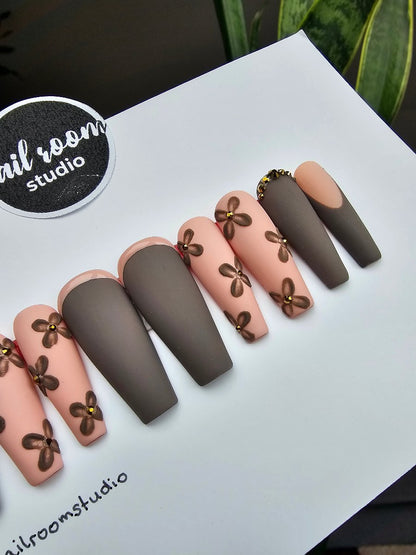 Matte taupe nails with vibrant pink ombre and 3D autumn flowers, French design accent nails, easy to apply for fall, salon-quality press-on nails for hands and toes with gold crystals