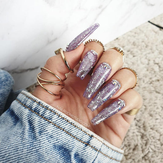 Nail Room Studio purple jelly nails in extra long coffin shape with silver chrome and Swarovski crystals hand made salon quality custom tips from Nail Room Studio