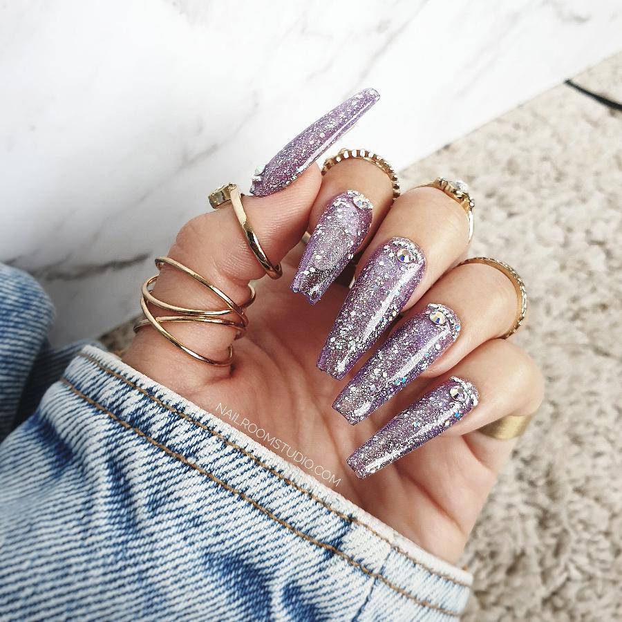 Nail Room Studio purple jelly nails in extra long coffin shape with silver chrome and Swarovski crystals hand made salon quality custom tips from Nail Room Studio