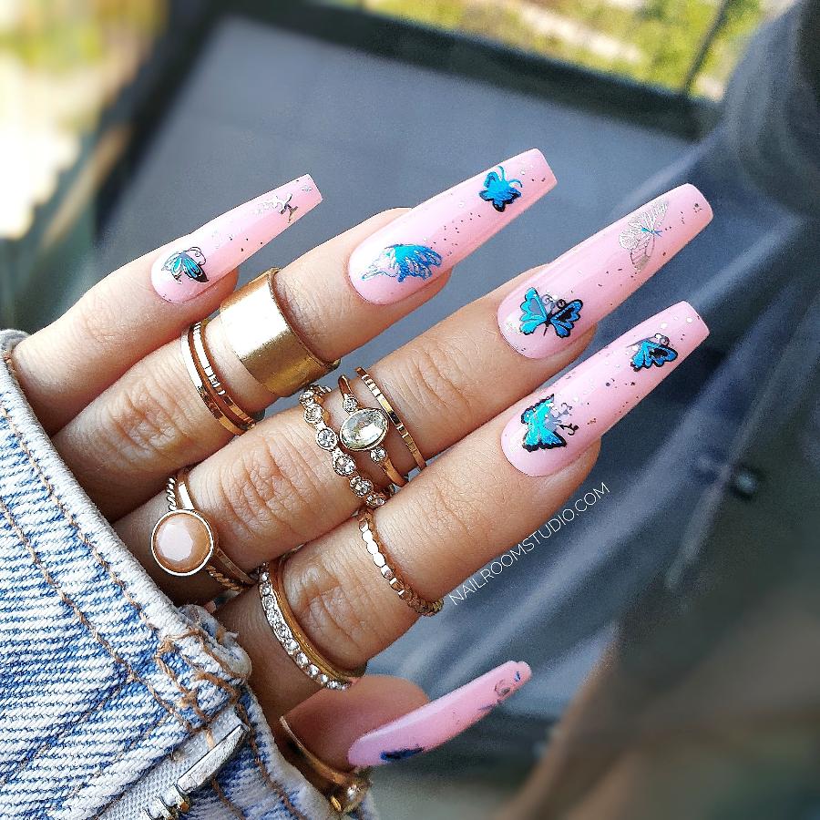 Ready to ship full set of 20 sculpted pink nails with vibrant summer accents, including silver, blue, milticolor opal glitter and butterfly designs from Nail Room Studio