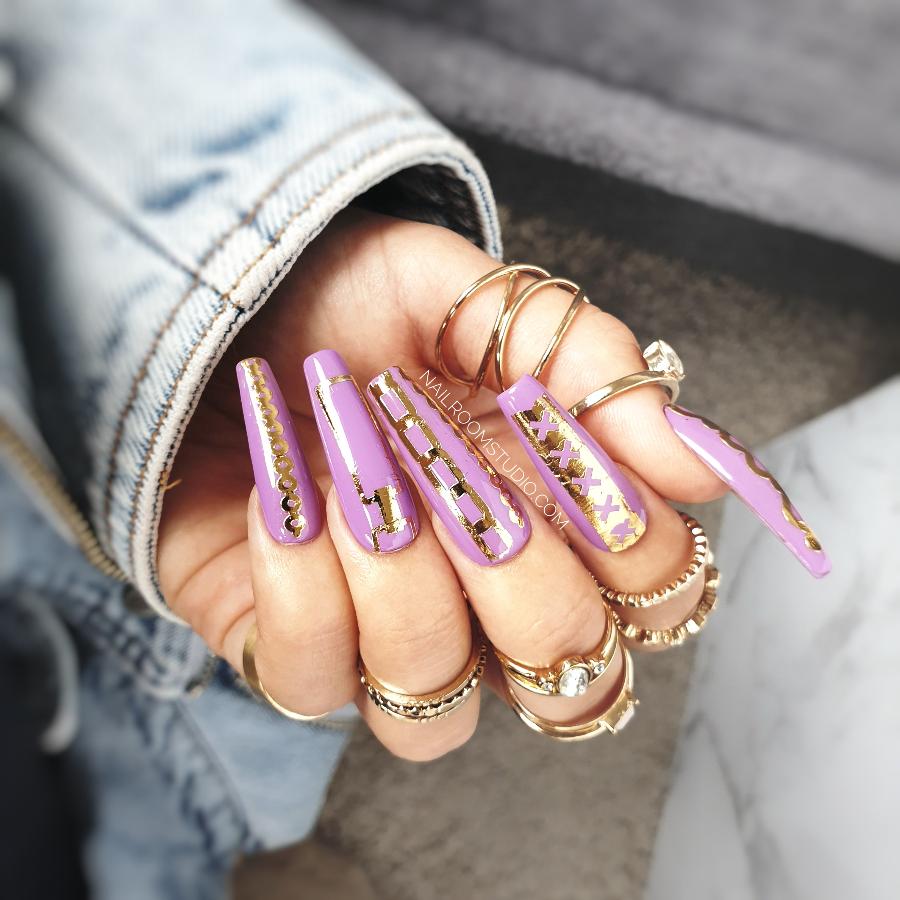 Lilac and purple extra-long sculpted coffin nails by Nail Room Studio, adorned with real gold crown nail tattoos, perfect for hands and toes glue on tips