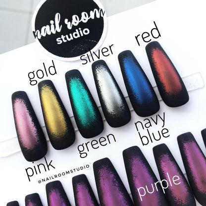 Gothic chrome matte ombre nails with a mysterious witchy vibe, featuring black, purple, navy blue, red, and green shades, ideal for dark and magical looks, press-on nails with adhesive for hands and feet tips from Nail Room Studio