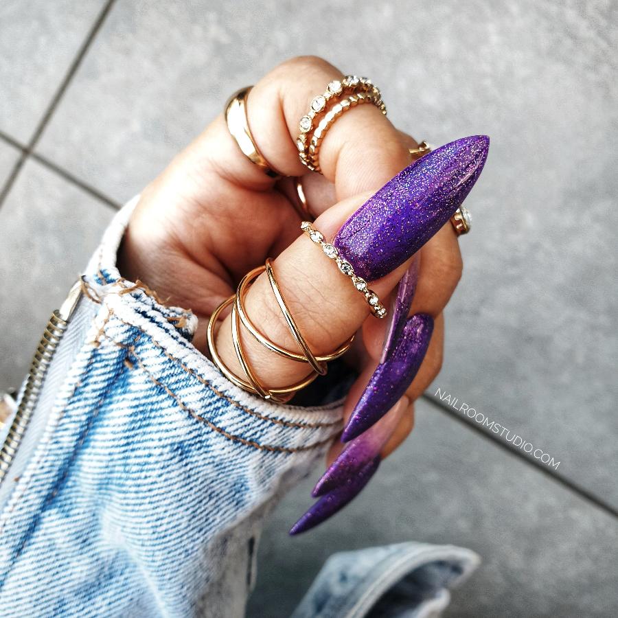 Witchy-inspired purple ombre nails with nude and glitter accents, perfect for lovers of mystical and magical aesthetics, by Nail Room Studio