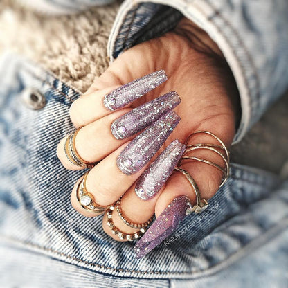 Nail Room Studio grape purple transparent jelly coffin nails with silver glitter sparkling accents, available as matching hands and toes set with glue