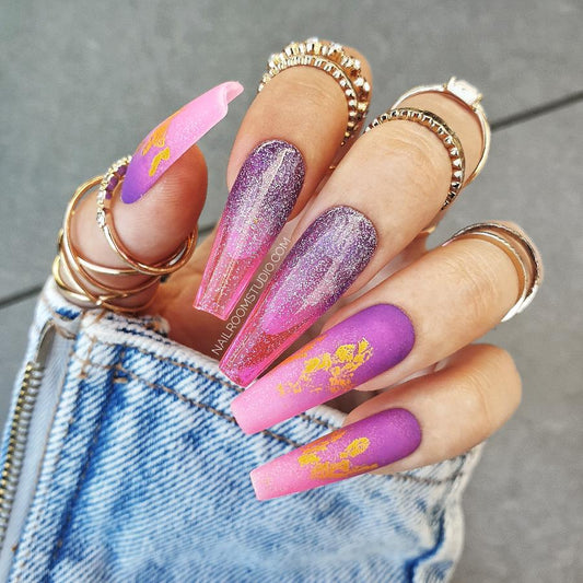 Gorgeous ombre nails in pink and purple hues featuring a matte finish and stunning gold chrome, ideal for elegant occasions, long sculpted coffin jelly nails set from Nail Room Studio