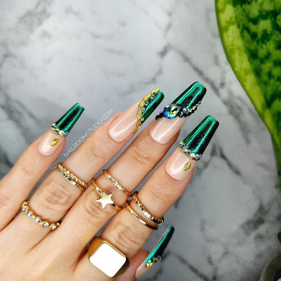 Green chrome nails with golden chrome, peach nude shades, and Swarovski crystals, ideal for fall, Turkish-style press-on nails, custom-made for hands and feet