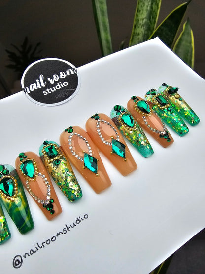 Green chrome nails with golden chrome, peach nude shades, and Swarovski crystals, ideal for fall, Turkish-style press-on nails, custom-made for hands and feet press ons manufactured by Nail Room Studio