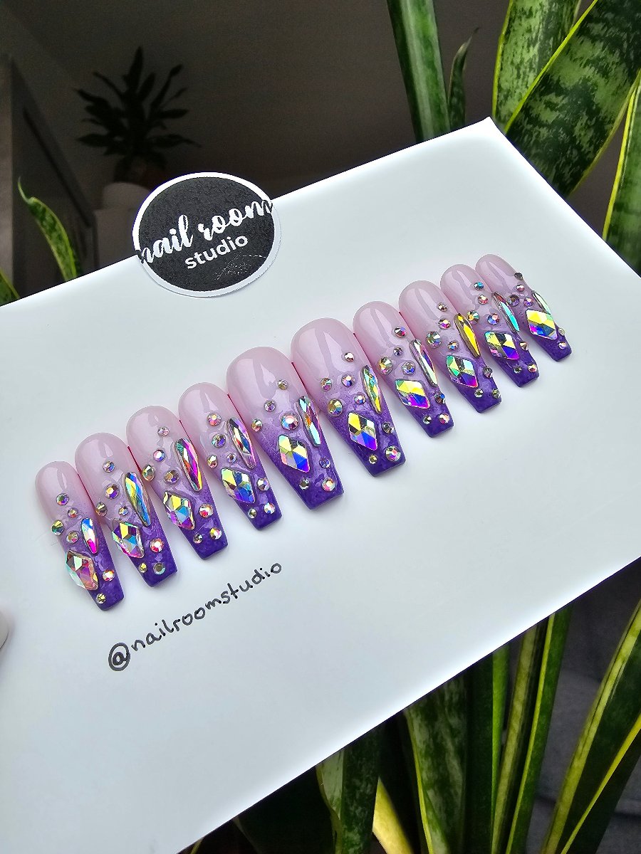 Pink and violet ombre nails with Swarovski crystals, witchy magical design, long coffin fake nails, perfect for a fantasy look, easy to apply for hands and toes custom tips from Nail Room Studio