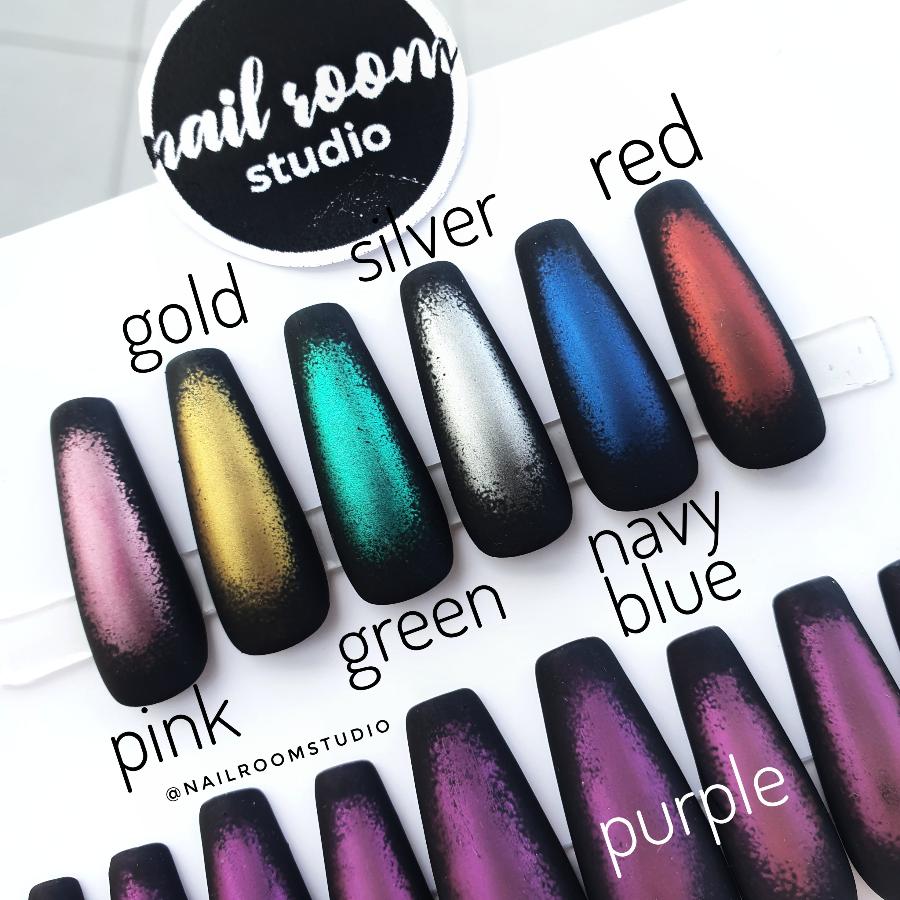 Witchy chrome matte finish nails with black ombre around, featuring a mix of purple, navy blue, green, gold, silver, and red, perfect for gothic and dark style lovers, includes glue for pedicure and manicure