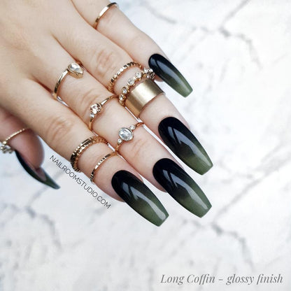 Ombre black and bottle green military-style coffin nails, with matte and glossy accents from Nail Room Studio