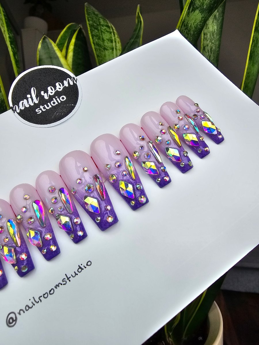 Witchy purple and pink ombre nails with Swarovski crystals, magical design, long coffin acrylic nails, ideal for hands and toes, easy to apply