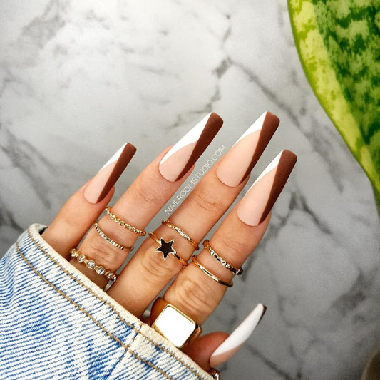 Fall-inspired modern French nails in powder pink and hazel brown, minimalist chic design with a matte finish, available for hands and toes, tips from Nail Room Studio