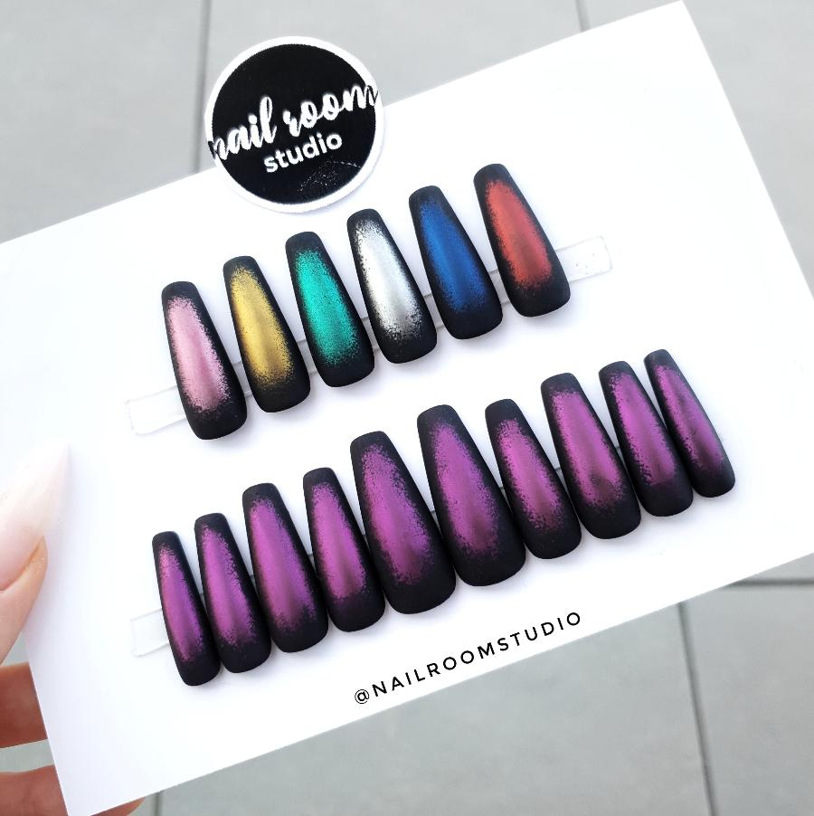 Mysterious witchy matte chrome nails with ombre effect in dark shades of purple, navy blue, red, and green, perfect for a gothic look, includes adhesive for both pedicure and manicure from Nail Room Studio