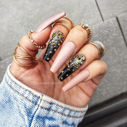 Nail Room Studio nude and black ombre nails with gold glitter and crystals, ideal for a stylish and elegant look, matching manicure and pedicure sets available for both hands and feet with prep kit and glue