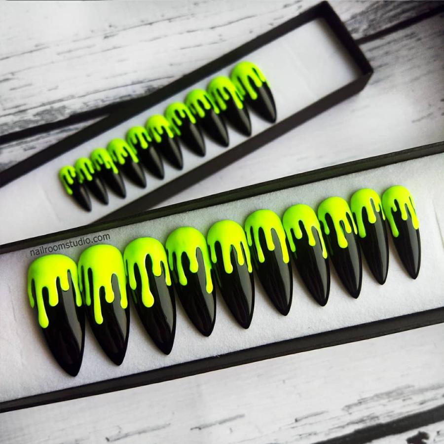 Black spooky slime Halloween nails with glossy and matte neon green drips by Nail Room Studio