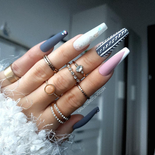 Elegant gray and nude matte sweater nails with French tips and subtle crystal details. Perfect winter design by Nail Room Studio