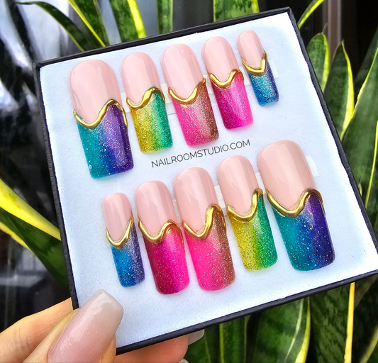 Playful rainbow French tip press-on nails featuring a jelly finish, ideal for adding a splash of color to your look