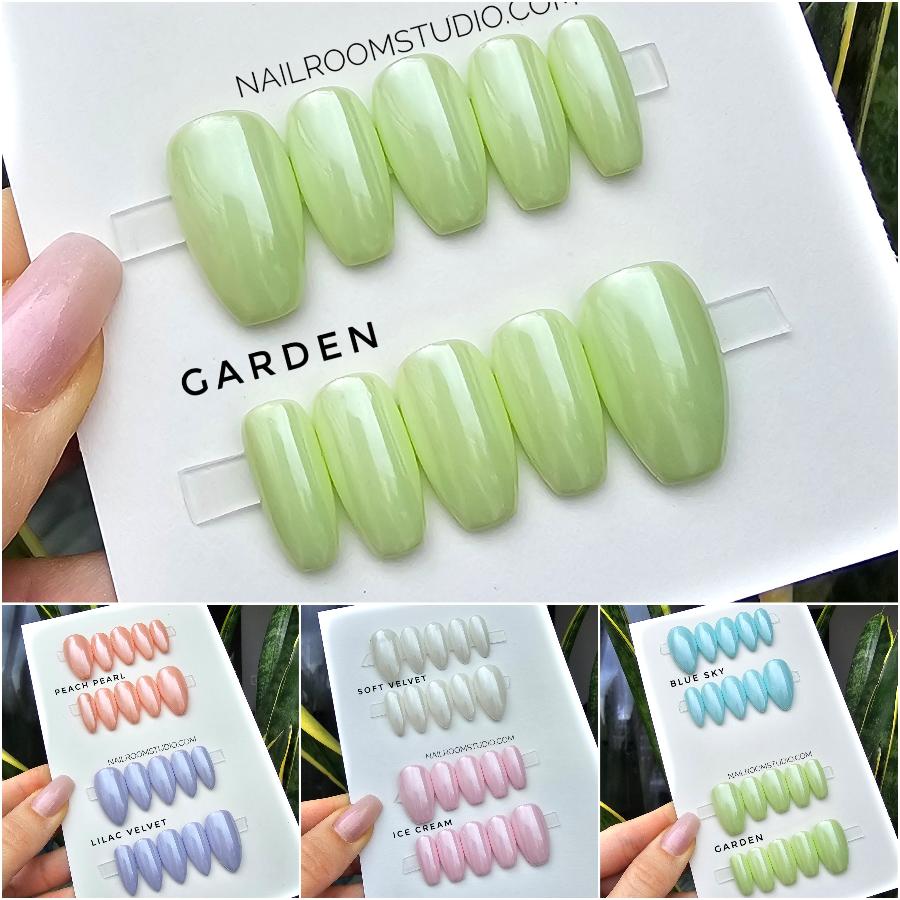 Delicate green garden press-on nails with a soft shimmer finish, perfect for adding a touch of elegance, ready for shipping