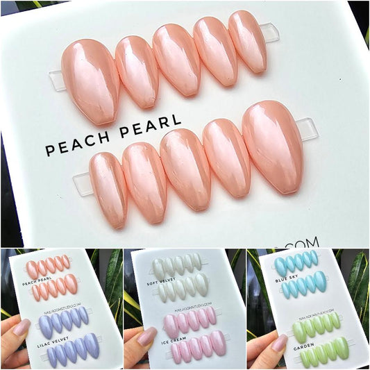 Bright peach press-on nails designed for summer with a vibrant shimmer finish, perfect for adding flair to your summer look, ready for shipping, coffin shape