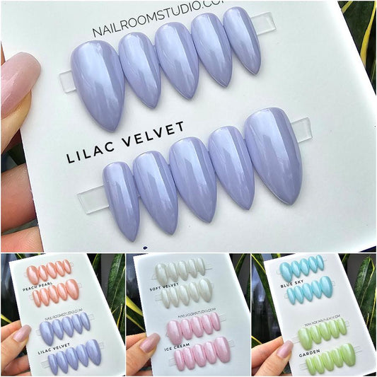 Exquisite pearl press-on nails in various shapes, showcasing a stunning shimmer that elevates any look, lilac shimmer false nails for fashion lovers