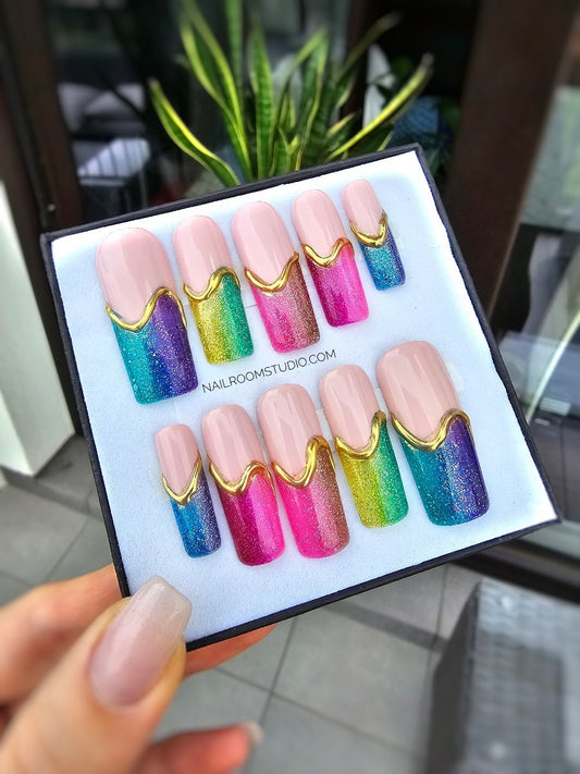 Amazing nails composition for all press on nails lovers, ombre perfectly hand made rainbow french tips with touch of 3D gold chrome accents