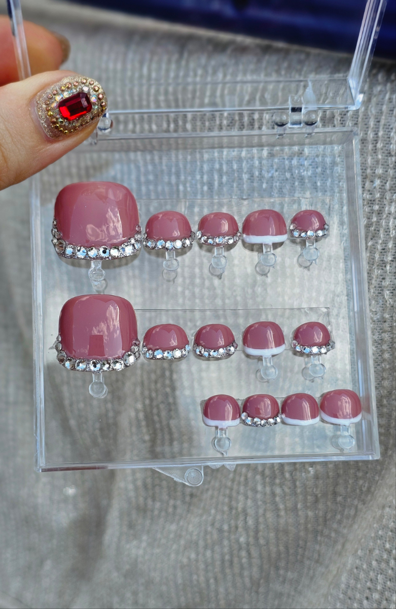 Elegant Press-On Toes set with a French tip adorned with Swarovski crystals, beige nails for pedicure in a transparent box, ready for shipping or custom orders