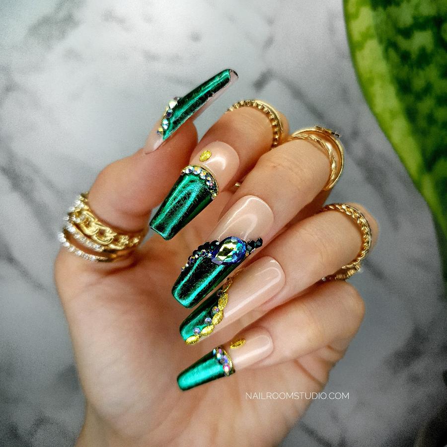 Exquisite green nails with chrome accents, Swarovski crystals, and peach nude shades, perfect for autumn, salon-quality press-on nails for hands and feet