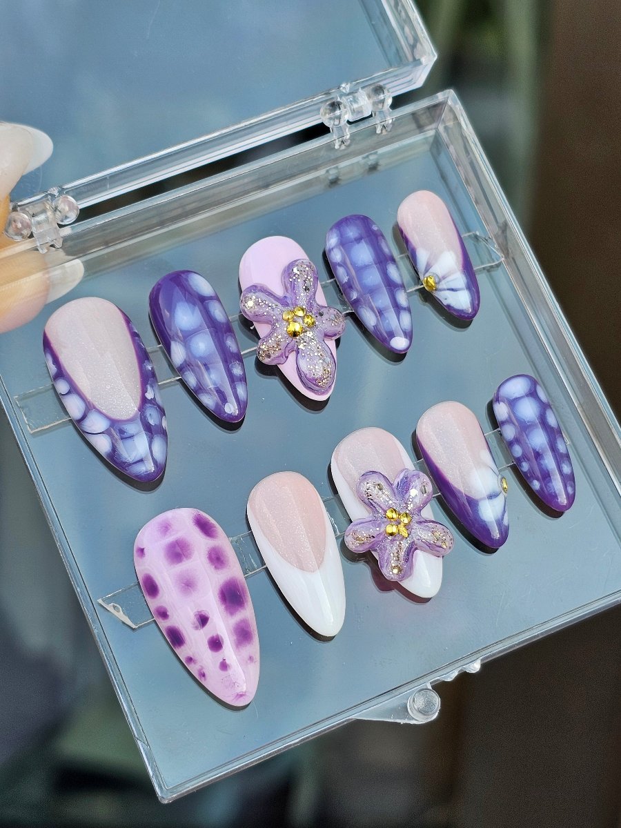 Purple toes hand made press on nails with dots and pink flower accents waterpainting glitter lilac french pink