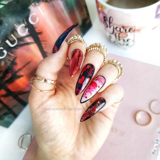 Burgundy and black nails with dark red chrome and water painting, a mystical look inspired by magic