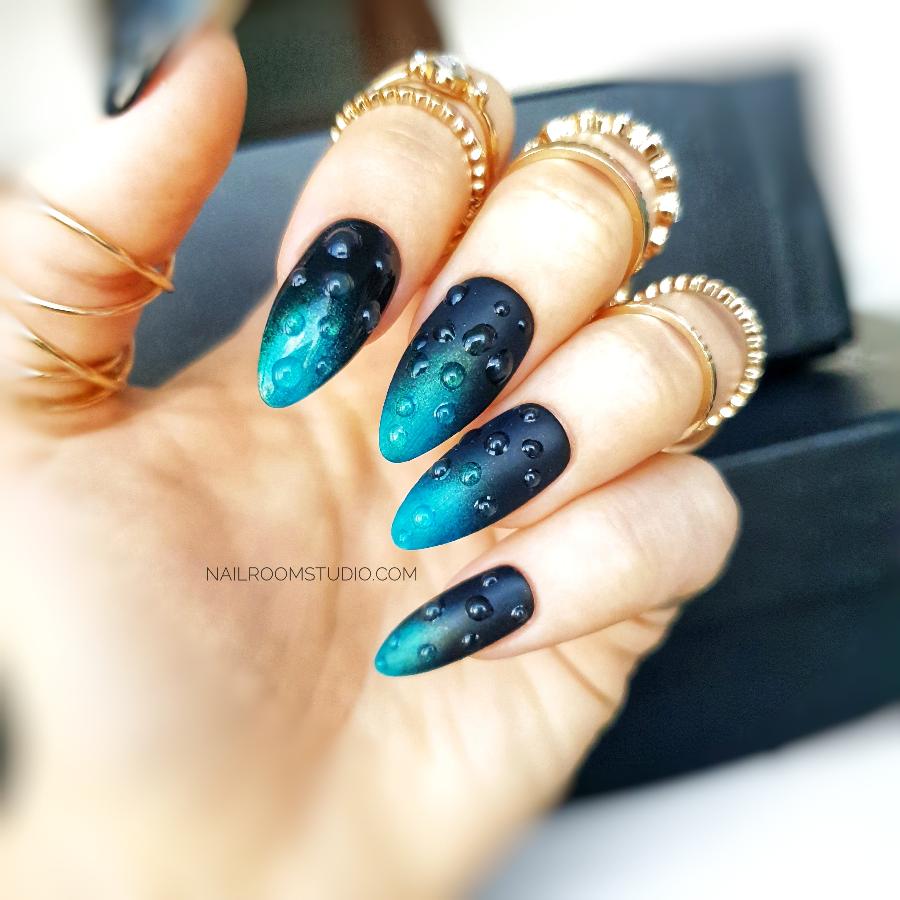 Rain drops on press on nails with matte black and sea blue ombre