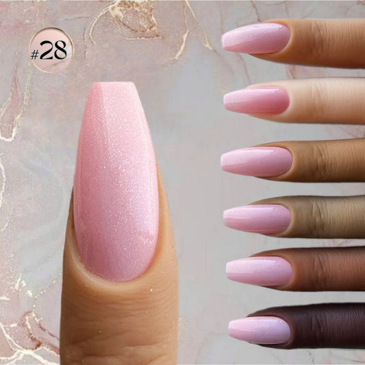 Playful barbie pink faux nails, all skin tones witch color swatches, in a pearly, opaque finish, ideal for a vibrant, youthful style manicure