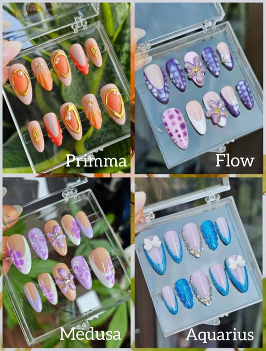 Bundle press on nails, four sets of artificial nails in summer style with flowers, nude, pink, blue and lilac colors